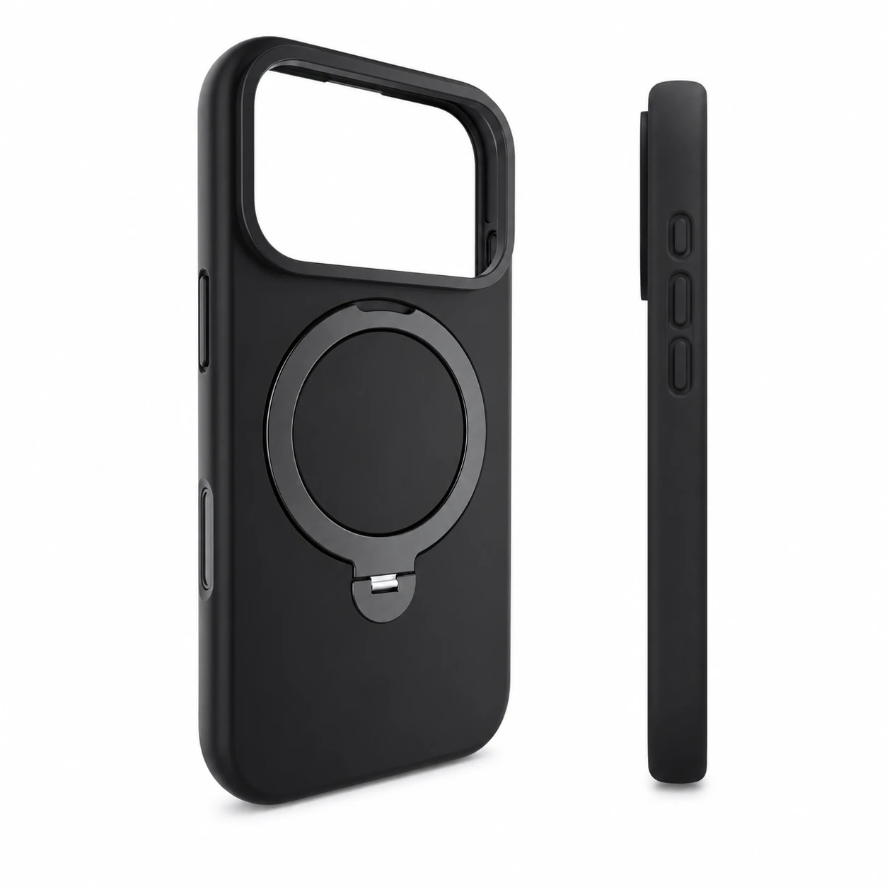 Black silicone iPhone 17 Pro case shown from the rear and side